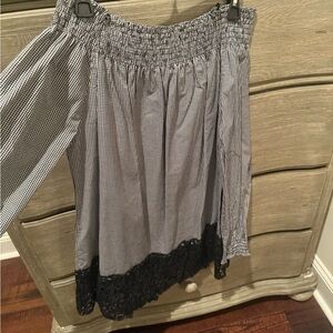 CALE Black and White Checkered Blouse with Lace Hem